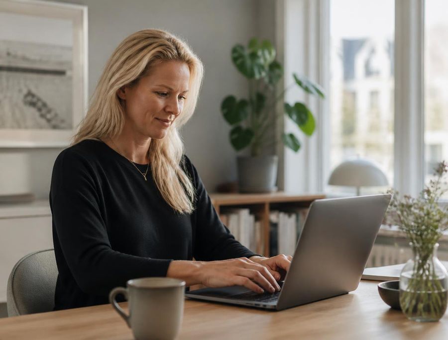 Konsult som skickar en faktura från sin laptop vid skrivbordet
