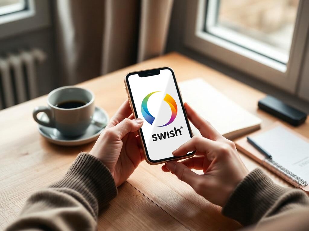 Person som håller en mobil med Swish-appen öppen vid ett skrivbord