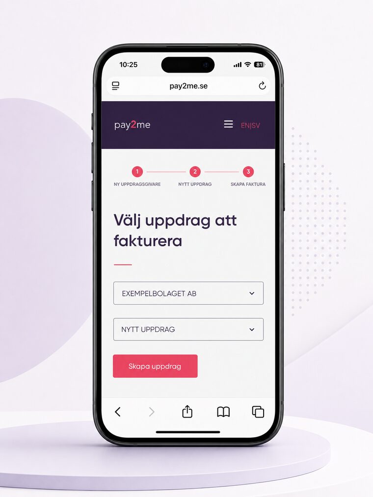 pay2me öppet i mobilen där ett uppdrag väljs för fakturering